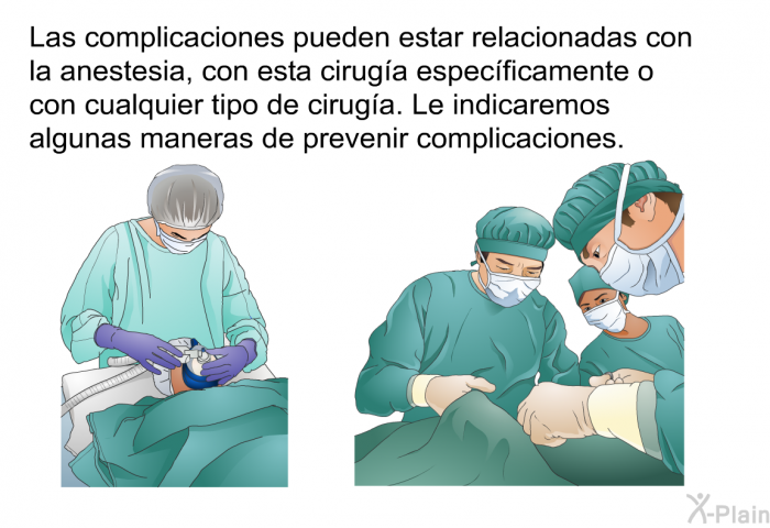 Las complicaciones pueden estar relacionadas con la anestesia, con esta ciruga especficamente o con cualquier tipo de ciruga. Le indicaremos algunas maneras de prevenir complicaciones.