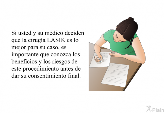 Si usted y su mdico deciden que la ciruga LASIK es lo mejor para su caso, es importante que conozca los beneficios y los riesgos de este procedimiento antes de dar su consentimiento final.