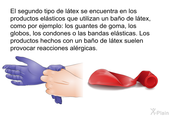 El segundo tipo de l�tex se encuentra en los productos el�sticos que utilizan un ba�o de l�tex, como por ejemplo: los guantes de goma, los globos, los condones o las bandas el�sticas. Los productos hechos con un ba�o de l�tex suelen provocar reacciones al�rgicas.