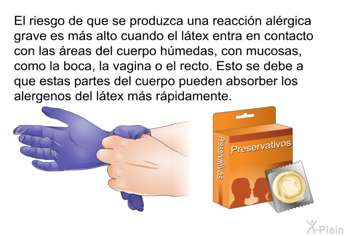 El riesgo de que se produzca una reacci�n al�rgica grave es m�s alto cuando el l�tex entra en contacto con las �reas del cuerpo h�medas, con mucosas, como la boca, la vagina o el recto. Esto se debe a que estas partes del cuerpo pueden absorber los alergenos del l�tex m�s r�pidamente.