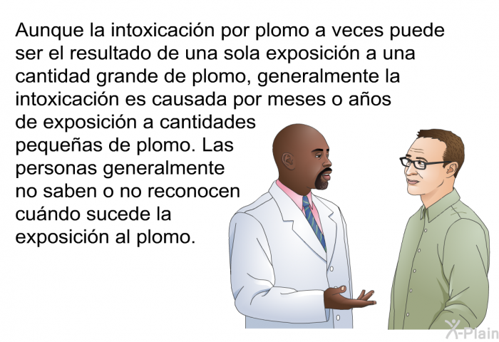 Aunque la intoxicacin por plomo a veces puede ser el resultado de una sola exposicin a una cantidad grande de plomo, generalmente la intoxicacin es causada por meses o aos de exposicin a cantidades pequeas de plomo. Las personas generalmente no saben o no reconocen cundo sucede la exposicin al plomo.