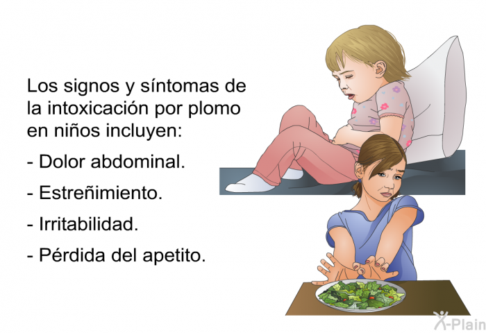 Los signos y s�ntomas de la intoxicaci�n por plomo en ni�os incluyen:  Dolor abdominal. Estre�imiento. Irritabilidad. P�rdida del apetito.