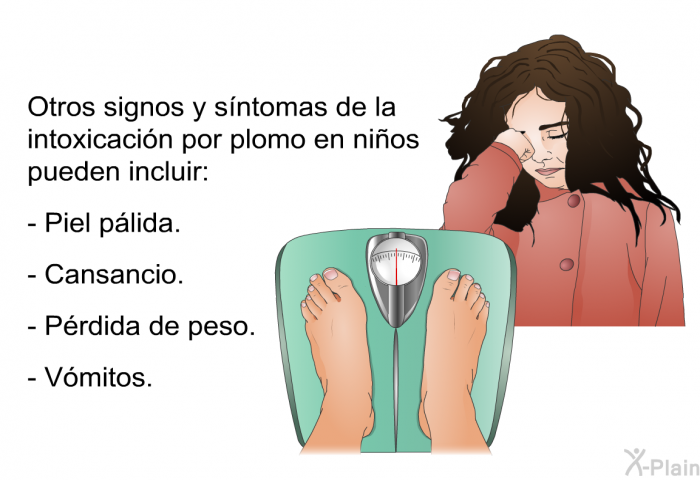 Otros signos y s�ntomas de la intoxicaci�n por plomo en ni�os pueden incluir:  Piel p�lida. Cansancio. P�rdida de peso. V�mitos.