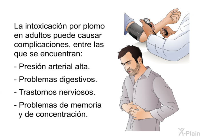 La intoxicaci�n por plomo en adultos puede causar complicaciones, entre las que se encuentran:  Presi�n arterial alta. Problemas digestivos. Trastornos nerviosos. Problemas de memoria y de concentraci�n.