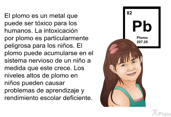 El plomo es un metal que puede ser txico para los humanos. La intoxicacin por plomo es particularmente peligrosa para los nios. El plomo puede acumularse en el sistema nervioso de un nio a medida que este crece. Los niveles altos de plomo en nios pueden causar problemas de aprendizaje y rendimiento escolar deficiente.