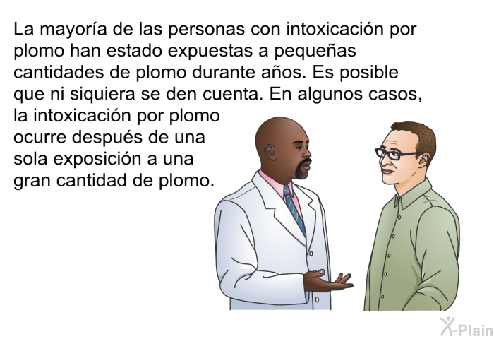 La mayora de las personas con intoxicacin por plomo han estado expuestas a pequeas cantidades de plomo durante aos. Es posible que ni siquiera se den cuenta. En algunos casos, la intoxicacin por plomo ocurre despus de una sola exposicin a una gran cantidad de plomo.