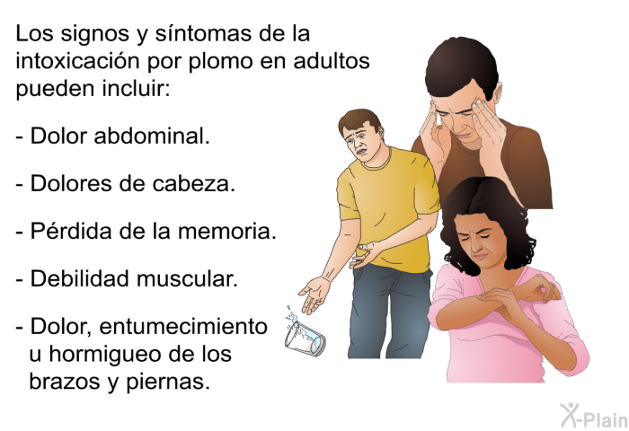Los signos y s�ntomas de la intoxicaci�n por plomo en adultos pueden incluir:  Dolor abdominal. Dolores de cabeza. P�rdida de la memoria. Debilidad muscular. Dolor, entumecimiento u hormigueo de los brazos y piernas.