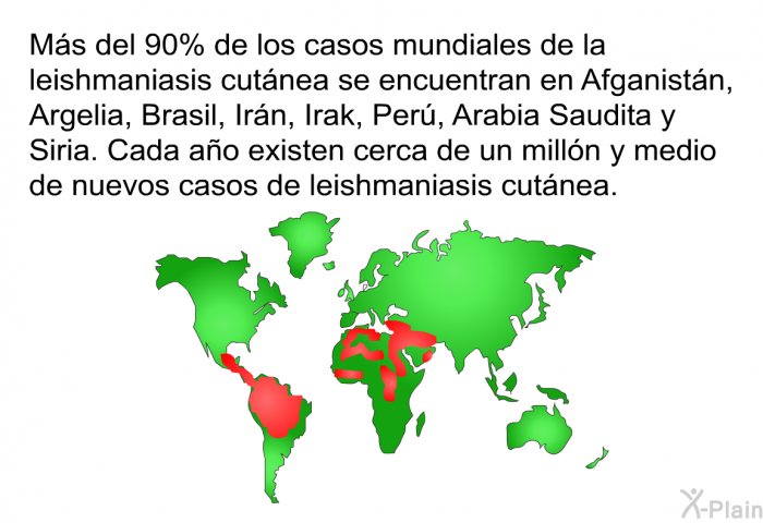 M�s del 90% de los casos mundiales de la leishmaniasis cut�nea se encuentran en Afganist�n, Argelia, Brasil, Ir�n, Irak, Per�, Arabia Saudita y Siria. Cada a�o existen cerca de un mill�n y medio de nuevos casos de leishmaniasis cut�nea.