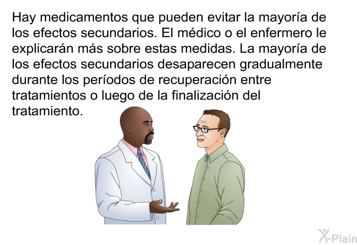 Hay medicamentos que pueden evitar la mayora de los efectos secundarios. El mdico o el enfermero le explicarn ms sobre estas medidas. La mayora de los efectos secundarios desaparecen gradualmente durante los perodos de recuperacin entre tratamientos o luego de la finalizacin del tratamiento.