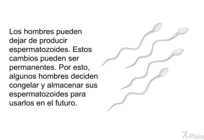 Los hombres pueden dejar de producir espermatozoides. Estos cambios pueden ser permanentes. Por esto, algunos hombres deciden congelar y almacenar sus espermatozoides para usarlos en el futuro.