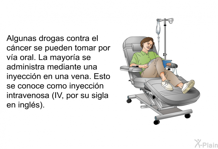 Algunas drogas contra el cncer se pueden tomar por va oral. La mayora se administra mediante una inyeccin en una vena. Esto se conoce como <I>inyeccin intravenosa</I> (IV, por su sigla en ingls).