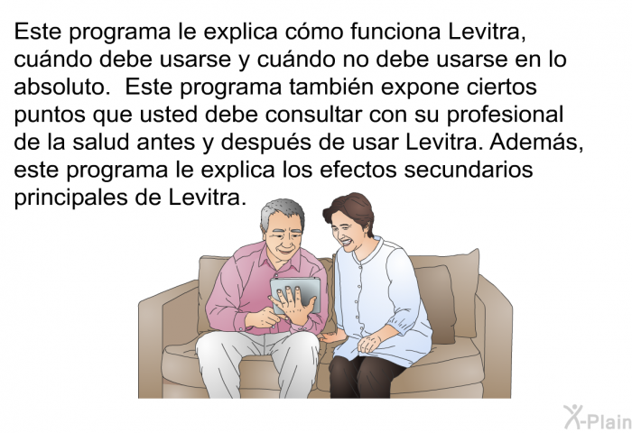 Esta informacin acerca de su salud la explica cmo funciona Levitra, cundo debe usarse y cundo no debe usarse en lo absoluto. Este programa tambin expone ciertos puntos que usted debe consultar con su profesional de la salud antes y despus de usar Levitra. Adems, este programa le explica los efectos secundarios principales de Levitra.