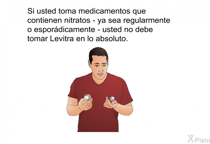Si usted toma medicamentos que contienen nitratos &ndash; ya sea regularmente o espor�dicamente &ndash; usted no debe tomar Levitra en lo absoluto.