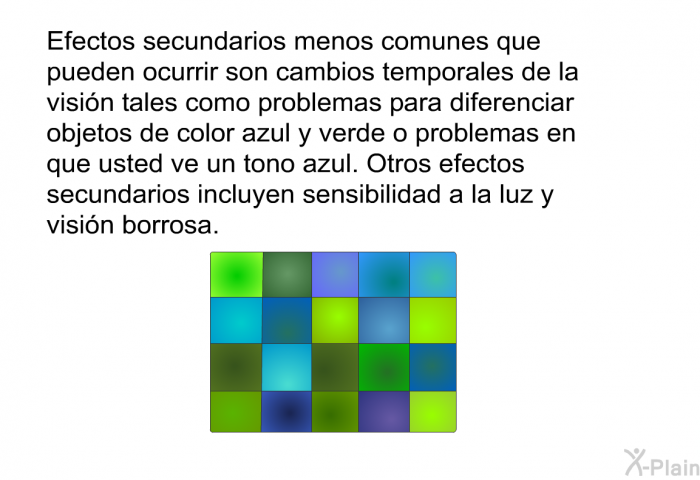 Efectos secundarios menos comunes que pueden ocurrir son cambios temporales de la visin tales como problemas para diferenciar objetos de color azul y verde o problemas en que usted ve un tono azul. Otros efectos secundarios incluyen sensibilidad a la luz y visin borrosa.