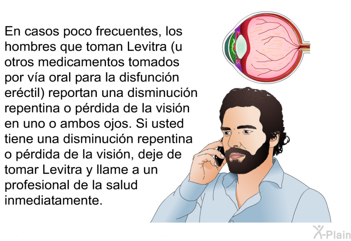 En casos poco frecuentes, los hombres que toman Levitra (u otros medicamentos tomados por va oral para la disfuncin erctil) reportan una disminucin repentina o prdida de la visin en uno o ambos ojos. Si usted tiene una disminucin repentina o prdida de la visin, deje de tomar Levitra y llame a un profesional de la salud inmediatamente.