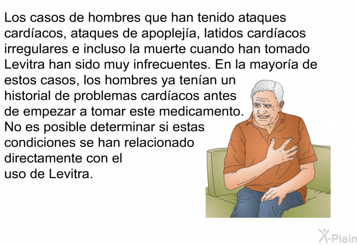 Los casos de hombres que han tenido ataques cardacos, ataques de apopleja, latidos cardacos irregulares e incluso la muerte cuando han tomado Levitra han sido muy infrecuentes. En la mayora de estos casos, los hombres ya tenan un historial de problemas cardacos antes de empezar a tomar este medicamento. No es posible determinar si estas condiciones se han relacionado directamente con el uso de Levitra.
