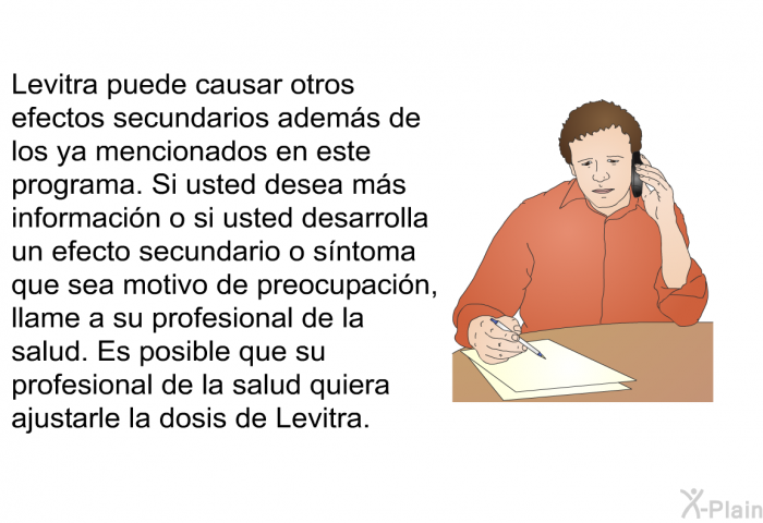 Levitra puede causar otros efectos secundarios adems de los ya mencionados en este informacin acerca de su salud. Si usted desea ms informacin o si usted desarrolla un efecto secundario o sntoma que sea motivo de preocupacin, llame a su profesional de la salud. Es posible que su profesional de la salud quiera ajustarle la dosis de Levitra.