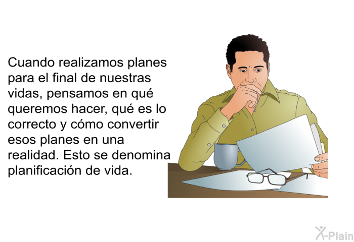 Cuando realizamos planes para el final de nuestras vidas, pensamos en qu queremos hacer, qu es lo correcto y cmo convertir esos planes en una realidad. Esto se denomina planificacin de vida.