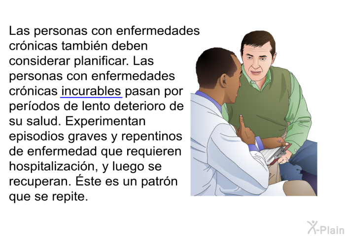 Las personas con enfermedades crnicas tambin deben considerar planificar. Las personas con enfermedades crnicas incurables pasan por perodos de lento deterioro de su salud. Experimentan episodios graves y repentinos de enfermedad que requieren hospitalizacin, y luego se recuperan. Éste es un patrn que se repite.