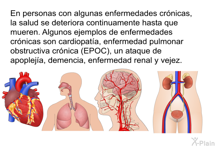 En personas con algunas enfermedades crnicas, la salud se deteriora continuamente hasta que mueren. Algunos ejemplos de enfermedades crnicas son cardiopata, enfermedad pulmonar obstructiva crnica (EPOC), un ataque de apopleja, demencia, enfermedad renal y vejez.