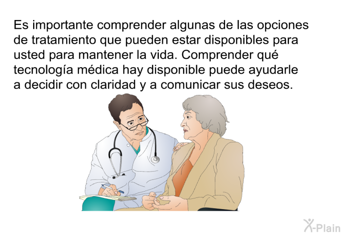 Es importante comprender algunas de las opciones de tratamiento que pueden estar disponibles para usted para mantener la vida. Comprender qu tecnologa mdica hay disponible puede ayudarle a decidir con claridad y a comunicar sus deseos.