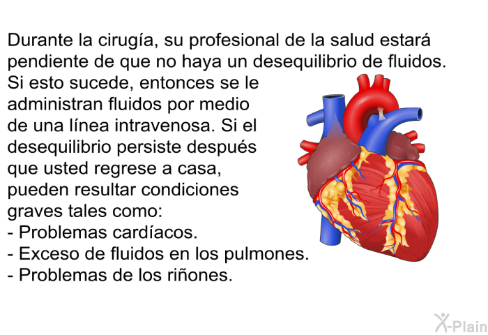 Durante la ciruga, su profesional de la salud estar pendiente de que no haya un desequilibrio de fluidos. Si esto sucede, entonces se le administran fluidos por medio de una lnea intravenosa. Si el desequilibrio persiste despus que usted regrese a casa, pueden resultar condiciones graves tales como:  Problemas cardacos. Exceso de fluidos en los pulmones. Problemas de los riones.