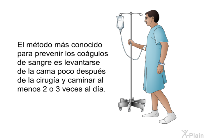 El mtodo ms conocido para prevenir los cogulos de sangre es levantarse de la cama poco despus de la ciruga y caminar al menos 2 o 3 veces al da.