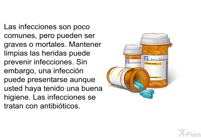 Las infecciones son poco comunes, pero pueden ser graves o mortales. Mantener limpias las heridas puede prevenir infecciones. Sin embargo, una infeccin puede presentarse aunque usted haya tenido una buena higiene. Las infecciones se tratan con antibiticos.