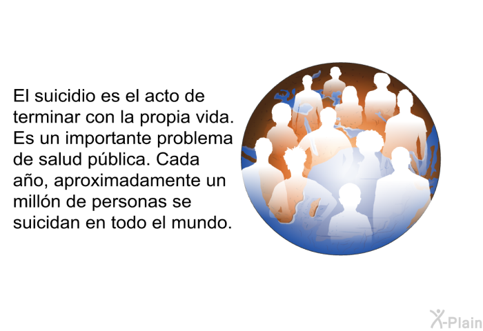 El suicidio es el acto de terminar con la propia vida. Es un importante problema de salud pblica. Cada ao, aproximadamente un milln de personas se suicidan en todo el mundo.