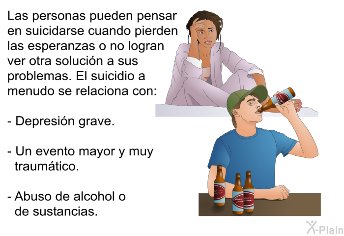 Las personas pueden pensar en suicidarse cuando pierden las esperanzas o no logran ver otra solucin a sus problemas. El suicidio a menudo se relaciona con:  Depresin grave. Un evento mayor y muy traumtico. Abuso de alcohol o de sustancias.