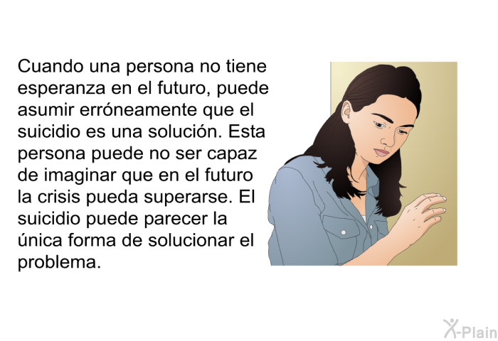 Cuando una persona no tiene esperanza en el futuro, puede asumir errneamente que el suicidio es una solucin. Esta persona puede no ser capaz de imaginar que en el futuro la crisis pueda superarse. El suicidio puede parecer la nica forma de solucionar el problema.