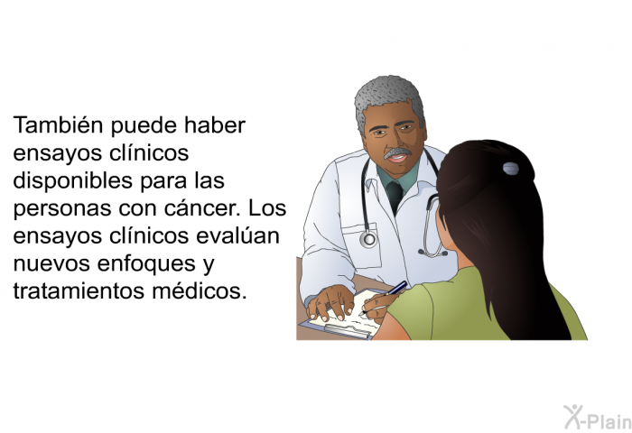 Tambin puede haber ensayos clnicos disponibles para las personas con cncer. Los ensayos clnicos evalan nuevos enfoques y tratamientos mdicos.