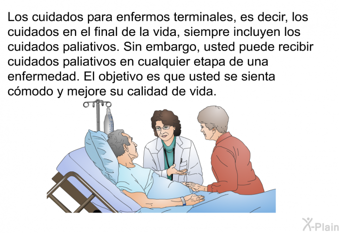 Los cuidados para enfermos terminales, es decir, los cuidados en el final de la vida, siempre incluyen los cuidados paliativos. Sin embargo, usted puede recibir cuidados paliativos en cualquier etapa de una enfermedad. El objetivo es que usted se sienta cmodo y mejore su calidad de vida.