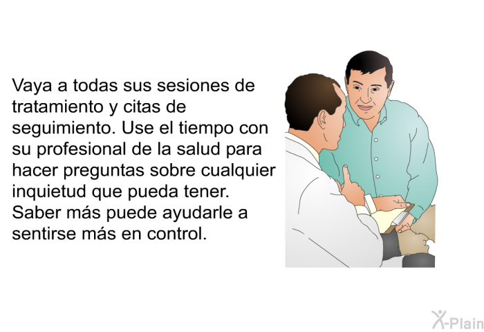 Vaya a todas sus sesiones de tratamiento y citas de seguimiento. Use el tiempo con su profesional de la salud para hacer preguntas sobre cualquier inquietud que pueda tener. Saber ms puede ayudarle a sentirse ms en control.