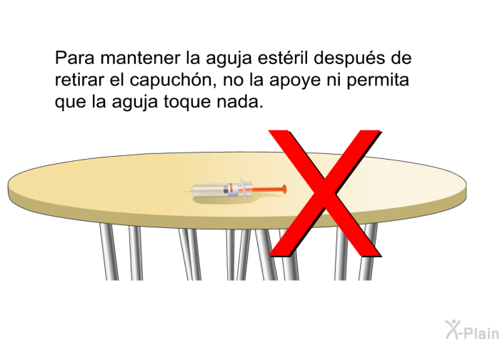 Para mantener la aguja est�ril despu�s de retirar el capuch�n, no la apoye ni permita que la aguja toque nada.