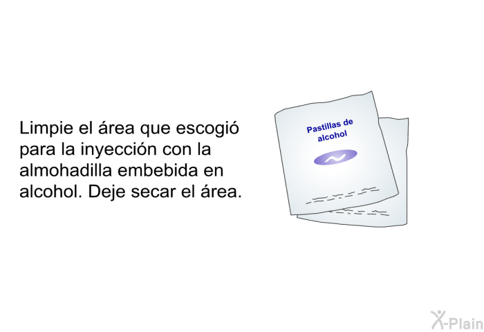 Limpie el �rea que escogi� para la inyecci�n con la almohadilla embebida en alcohol. Deje secar el �rea.