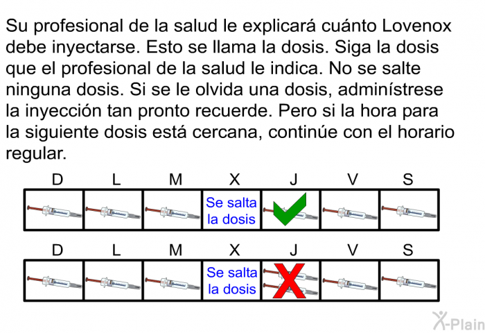 Su profesional de la salud le explicar cunto Lovenox debe inyectarse. Esto se llama la dosis. Siga la dosis que el profesional de la salud le indica. No se salte ninguna dosis. Si se le olvida una dosis, adminstrese la inyeccin tan pronto recuerde. Pero si la hora para la siguiente dosis est cercana, contine con el horario regular.