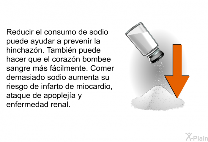 Reducir el consumo de sodio puede ayudar a prevenir la hinchazn. Tambin puede hacer que el corazn bombee sangre ms fcilmente. Comer demasiado sodio aumenta su riesgo de infarto de miocardio, ataque de apopleja y enfermedad renal.