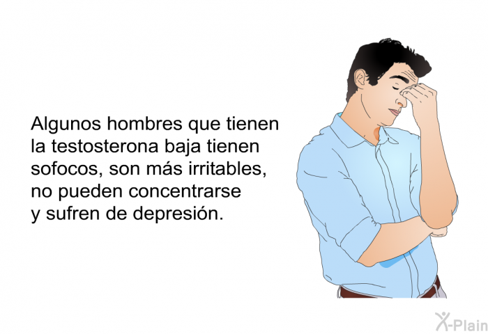 Algunos hombres que tienen la testosterona baja tienen sofocos, son ms irritables, no pueden concentrarse y sufren de depresin.