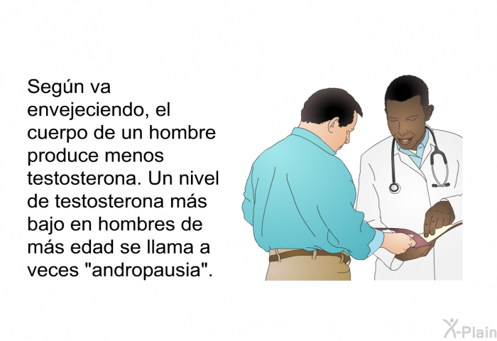 Seg�n va envejeciendo, el cuerpo de un hombre produce menos testosterona. Un nivel de testosterona m�s bajo en hombres de m�s edad se llama a veces &ldquo;andropausia&rdquo;.