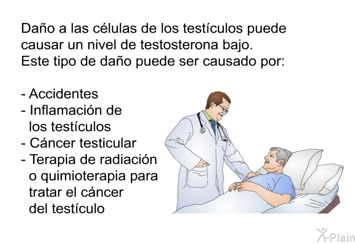 Da�o a las c�lulas de los test�culos puede causar un nivel de testosterona bajo. Este tipo de da�o puede ser causado por:  Accidentes Inflamaci�n de los test�culos C�ncer testicular Terapia de radiaci�n o quimioterapia para tratar el c�ncer del test�culo