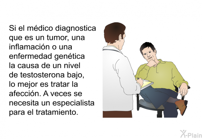 Si el m�dico diagnostica que es un tumor, una inflamaci�n o una enfermedad gen�tica la causa de un nivel de testosterona bajo, lo mejor es tratar la afecci�n. A veces se necesita un especialista para el tratamiento.