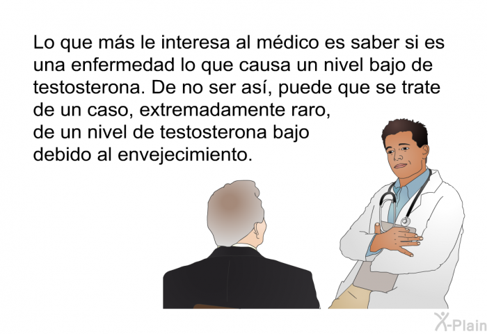 Lo que m�s le interesa al m�dico es saber si es una enfermedad lo que causa un nivel bajo de testosterona. De no ser as�, puede que se trate de un caso, extremadamente raro, de un nivel de testosterona bajo debido al envejecimiento.