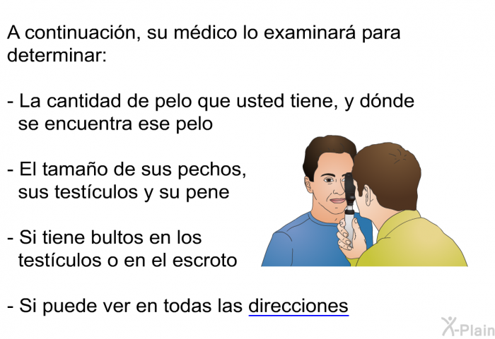 A continuaci�n, su m�dico lo examinar� para determinar:  La cantidad de pelo que usted tiene, y d�nde se encuentra ese pelo El tama�o de sus pechos, sus test��culos y su pene Si tiene bultos en los test��culos o en el escroto  Si puede ver en todas las direcciones