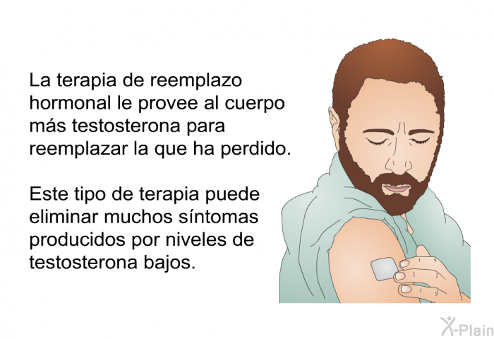 La terapia de reemplazo hormonal le provee al cuerpo m�s testosterona para reemplazar la que ha perdido. Este tipo de terapia puede eliminar muchos s�ntomas producidos por niveles de testosterona bajos.