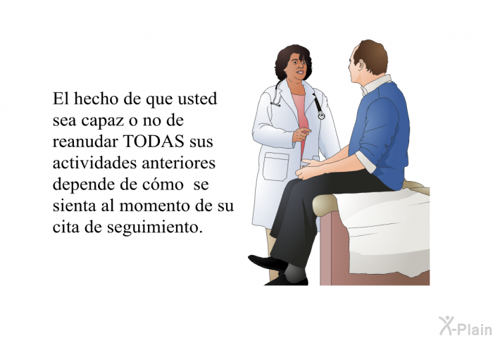 El hecho de que usted sea capaz o no de reanudar TODAS sus actividades anteriores depende de cmo se sienta al momento de su cita de seguimiento.