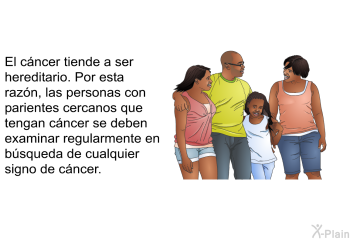 El cncer tiende a ser hereditario. Por esta razn, las personas con parientes cercanos que tengan cncer se deben examinar regularmente en bsqueda de cualquier signo de cncer.