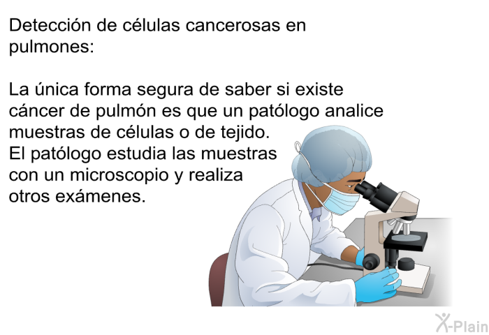 Deteccin de clulas cancerosas en pulmones: La nica forma segura de saber si existe cncer de pulmn es que un patlogo analice muestras de clulas o de tejido. El patlogo estudia las muestras con un microscopio y realiza otros exmenes.