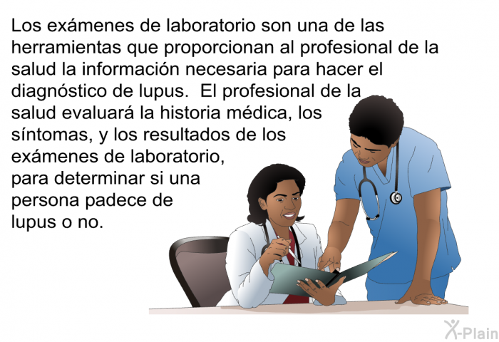 Los exmenes de laboratorio son una de las herramientas que proporcionan al profesional de la salud la informacin necesaria para hacer el diagnstico de lupus. El profesional de la salud evaluar la historia mdica, los sntomas, y los resultados de los exmenes de laboratorio, para determinar si una persona padece de lupus o no.