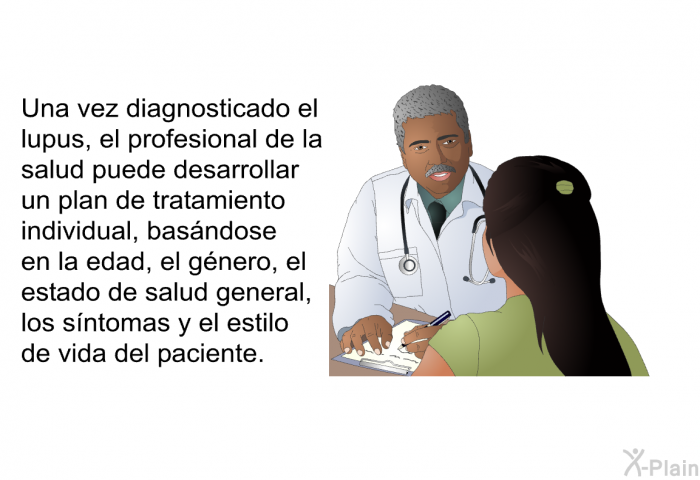 Una vez diagnosticado el lupus, el profesional de la salud puede desarrollar un plan de tratamiento individual, basndose en la edad, el gnero, el estado de salud general, los sntomas y el estilo de vida del paciente.